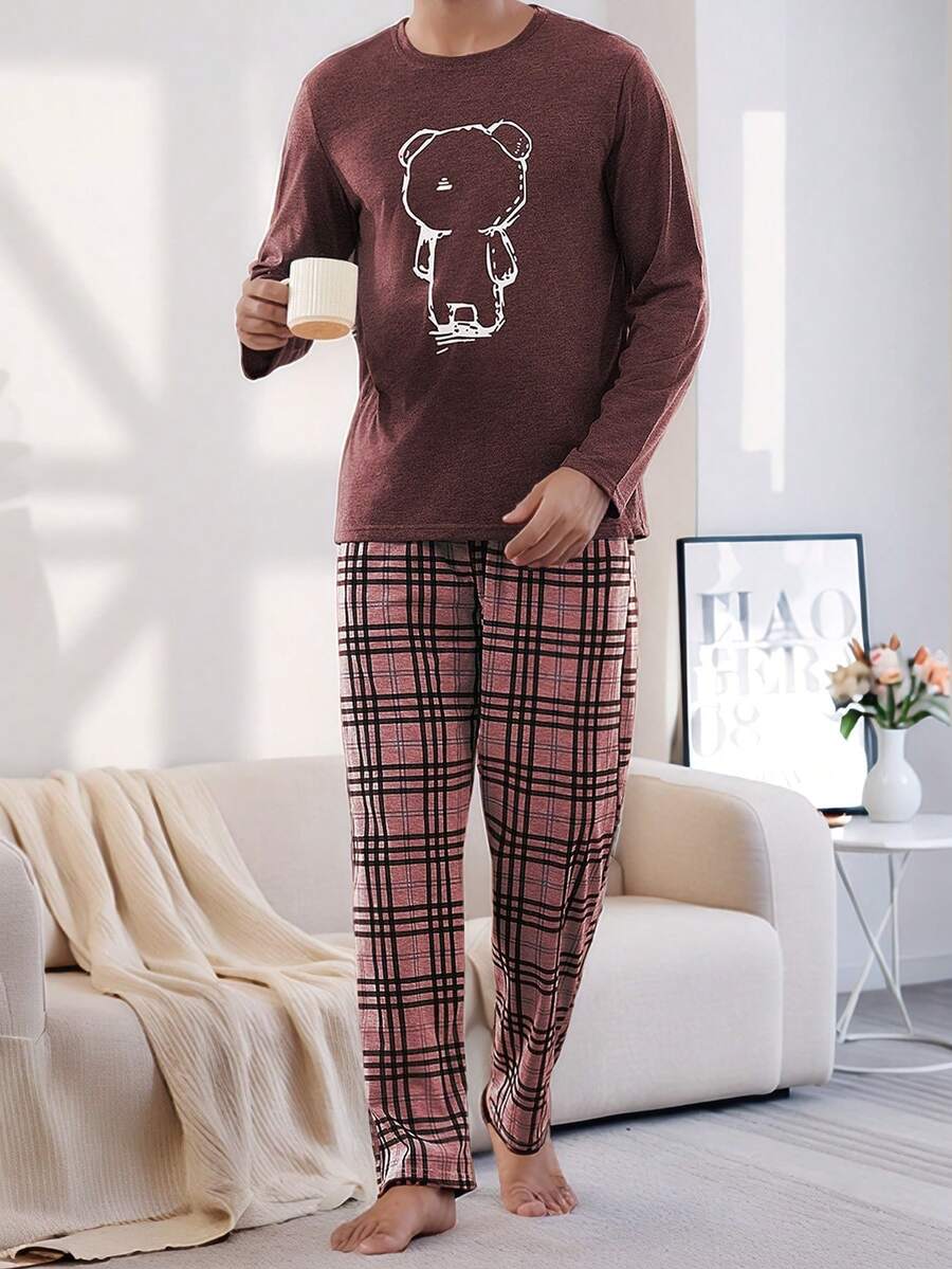 Herbst- und Winterpyjamas für Herren mit rundem Ausschnitt, Bärenmuster-Muster, Langarm-Oberteil & karierter Muster-Hose, lässiger, einfacher Zweiteiler-Hausanzug