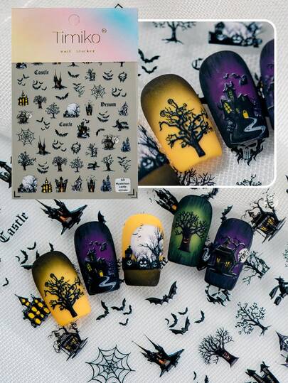 Halloween Tag der Toten Nagel Aufkleber mit erhabener handgezeichneter Gestaltung, dunkler Gothic Stil, mit dunklen Mustern wie Fledermäuse, Spinnenweben, Schlösser usw., geeignet für persönliches DIY und Nagelstudio Verwendung