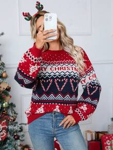 Pulover de Crăciun cu guler rotund, nou-venit, stil simplu cu model de Crăciun, mânecă lungă, potrivit pentru ieșiri casual și purtare zilnică, ideal și pentru petreceri de Crăciun, reuniuni de familie, o alegere perfectă pentru ținutele de toamnă/iarnă ale femeilor. - roșu - Vizualizare 6