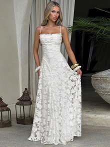 Elegant Off-The-Shoulder Jacquard Lace Strap Dress, Waist Tie, Graceful Evening Gown - 白色 - 查看 2