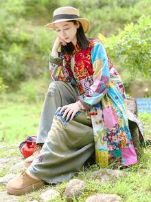 LUZU JUNU Women's Trench Coat Floral Print Long Cotton Linen Jacke Cottagecore Clothing Patchwork Outwear Bohemian Unique - 復古灰色夾克 - 查看 3
