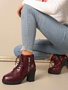 2025 New Women's Boots High Heel Thick Sole Waterproof Platform Ankle Boots, Chunky Heel, British Style, Wine Red, Autumn/Winter