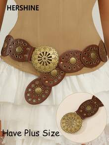 Hershine 1 chiếc thắt lưng vá hình bầu dục phong cách Boho/Cao bồi miền Tây dành cho nữ, phụ kiện trang trí bằng đồng cổ, phụ kiện thời trang có khoen kim loại, đinh tán và chấm bi, phù hợp với váy - màu nâu - Xem 10