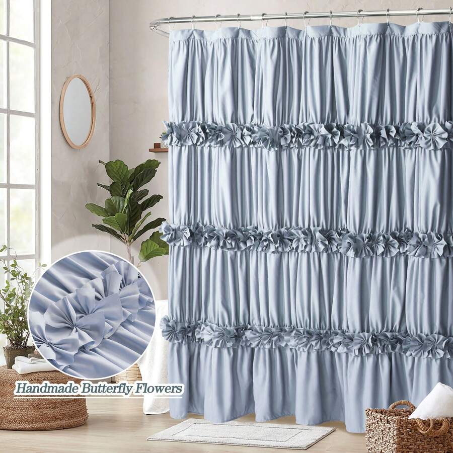 Victorian Ruffle Fabric Shower Curtain, Vintage Handcrafted Bow Tie Bath Curtain For Master Bathroom, Ruched Microfiber Bathroom Curtain With 12 Buttonholes, 72" W X 72" H - Fog Blue - View 1