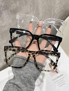 3pcs Women Leopard Print Bohemian PC (Polycarbonate) Square Oversized Transparent Glasses, All Seasons - Clear - View 2