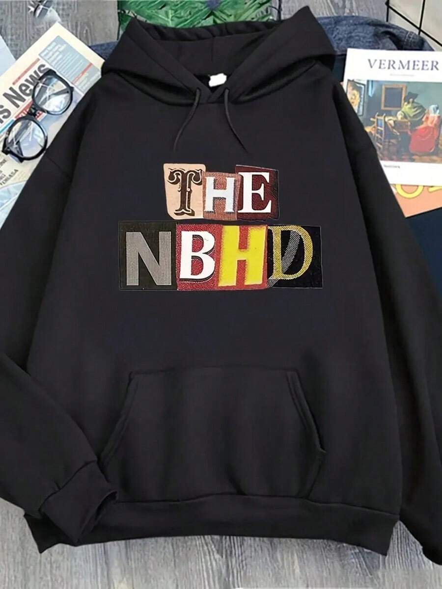 Men's Stylish Black Hoodie With Bold "THE NBHD" Print - Sporty Casual Pullover With Front Pocket, Long Sleeves, And Comfortable Fit - Machine Washable, Sweater Hoodie,Fall Hoodies,Men's Fall Clothes,Street Wear,Halloween,Mens Hoodies,Y2k Clothes,Jesus Hoodie,Thanksgiving Day,Nightmare Before Christmas,Christmas - Black - View 1