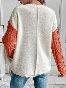 Plus Size Women's Round Neck Drop Shoulder Long Sleeve Contrast Color Loose Pocket Pullover Sweater, Autumn/Winter - Multicolor - View 3