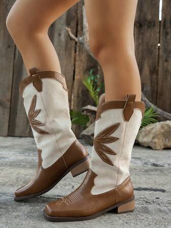 Women's Brown Suede Embroidered Pointed Toe Chunky Heel Cowboy Boots, Vintage Western Style, Suitable For Daily Wear, Outdoor Activities, Essential Winter Boots, Lightweight & Comfortable, Faux Leather Material, Item, Women's Casual Shoes, Holiday & Travel Shoes, Festive Occasion, New Winter Collection, Fashion , Stylish Boots, Embroidered Design, Tall Boots Recommendation