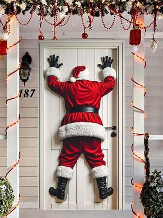 1pc Santa Claus Pattern Red Christmas Door Decor Banner, Durable Polyester, 70.8in*35.4in, Holiday Style Polyester 3D Shaped Door Decal, Suitable For Christmas Winter Party Church Celebration Gifts