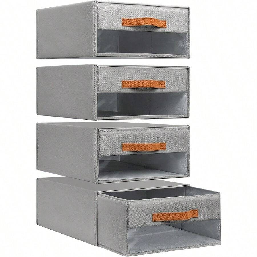 Closet Organizers And Storage Fabric Bins With Drawers For Closet Foldable Clothes Organizers With Clear Window Stackable Storage Drawers Units For Bedroom Living Room 4Pack Grey