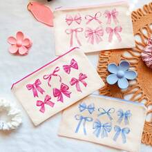 1/5/10/20pcs Cute Bow Pattern Canvas Zipper Bags Set, Y2K Style Bow Decor Jewelry Organizer Bags, Travel Cosmetic Bag, Pencil Case, Party Gift Bag Set, Toiletry Bag, Multipurpose Organizer Pouch Autumn University Essentials Travel Essentials For Holiday Vacation Travel Bag For Women Makeup Bag Makeup Organizer Make Up Bag - Beige - View 12