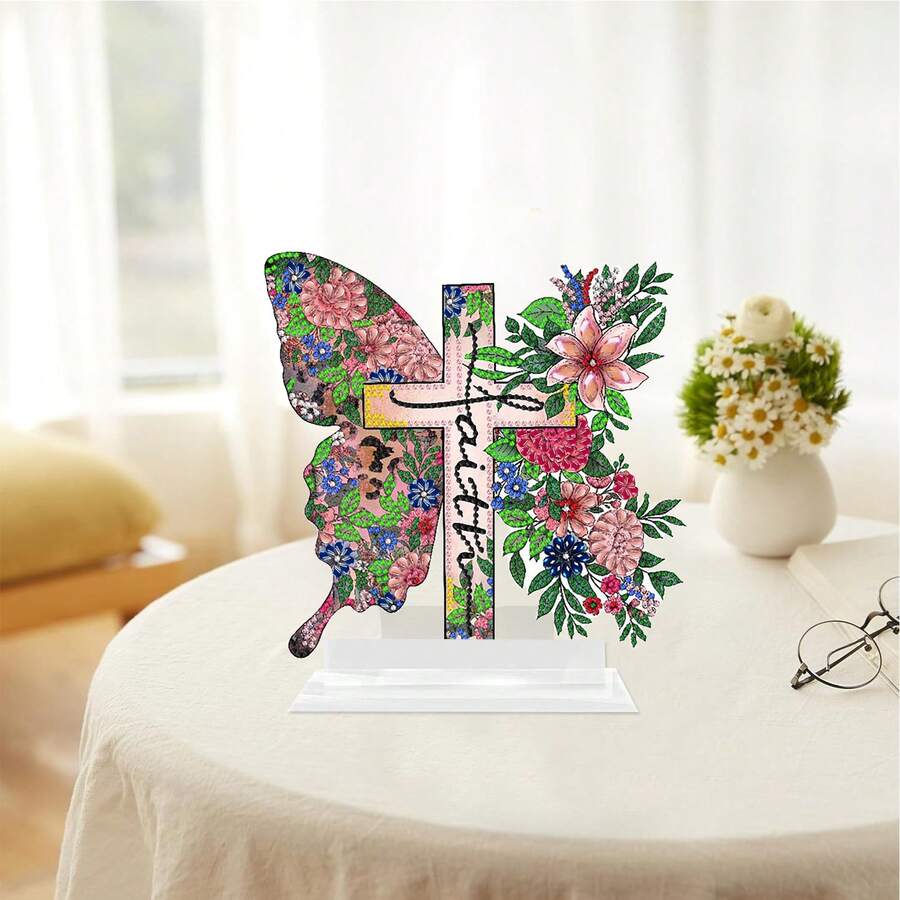 Kit de pictură cu diamant 2D plat, 1 buc., DIY, pentru adulți, pentru obiecte de birou, model cruce și fluture floral, potrivit pentru începători, decorativ pentru Halloween, Crăciun, cadouri de Ziua Îndrăgostiților, cadou ideal