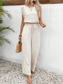 Terno feminino de 2 peças, renda sem mangas, tecido texturizado, cinto ajustável, leve e respirável