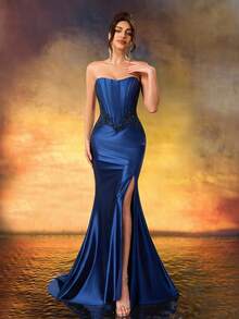 Women's Elegant Lace One Shoulder Cocktail Dress,Luxury Shiny Diamonds Prom Gown,Sparkling Dress,For Party,Wedding Guest,Dinner Party - Navy Blue - View 4