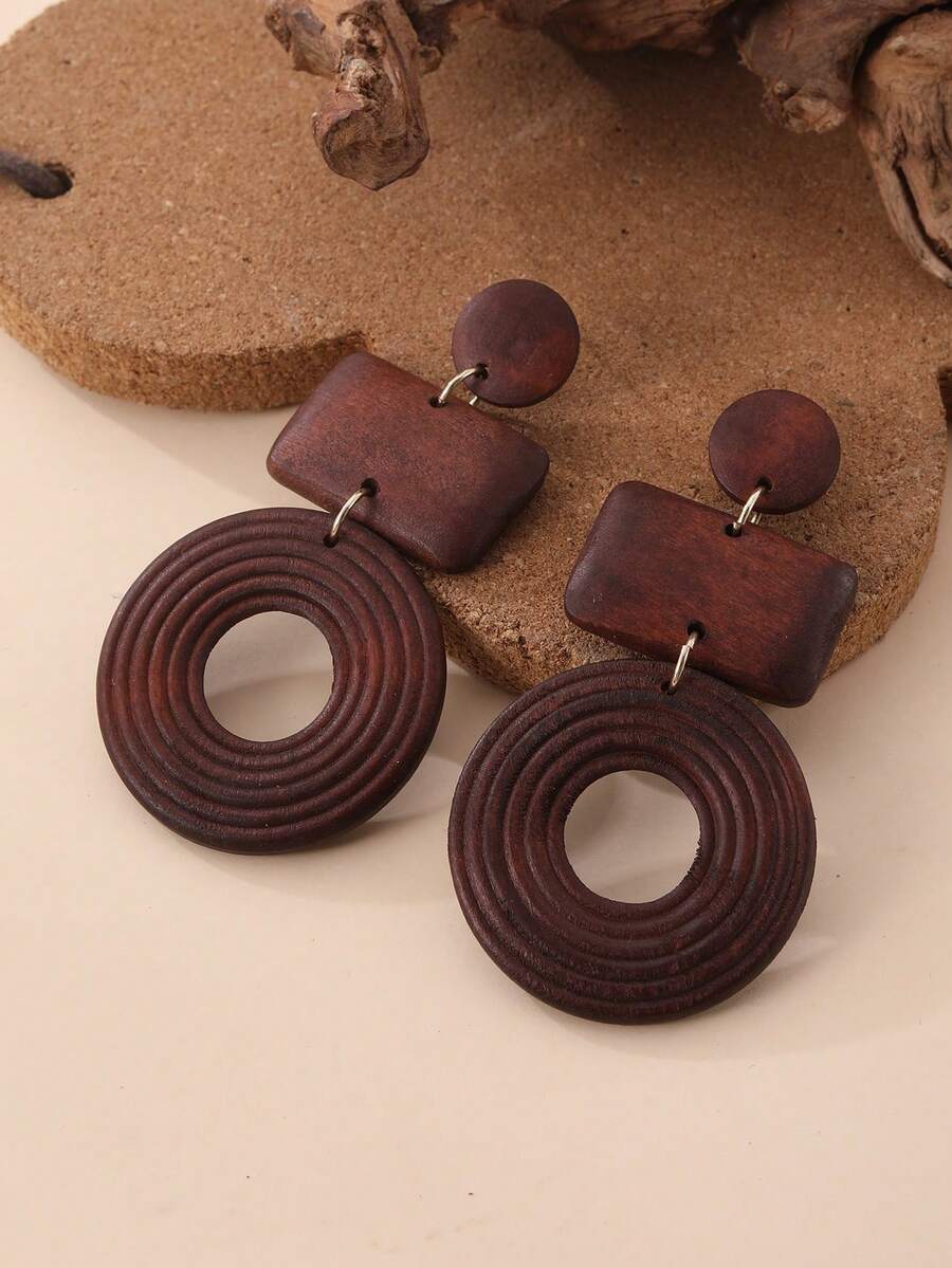 Pendientes largos de madera natural con diseño geométrico al estilo occidental para mujeres, perfectos para vacaciones en la playa, fiestas, viajes, festivales, uso diario y como regalo - Café integral - Ver 1