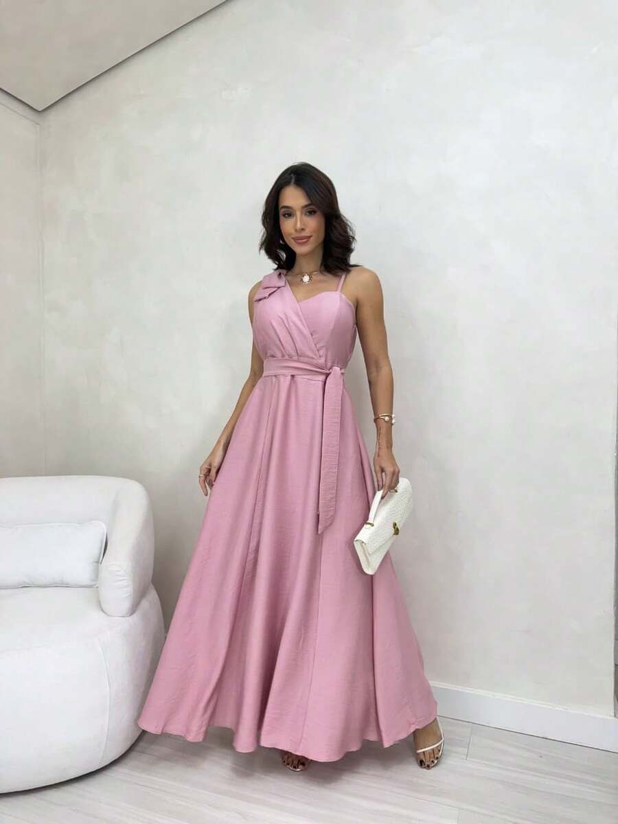 Women's Long Dress With Wrap Neckline And Lastex Cup - Elegant For Parties, Weddings And Special Events - 乾枯玫瑰色 - 查看 1