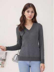 Cold Weather Knitted Sweater Top V Neck Plain Basic Long Sleeve Winter Women Simple Knitwear Knitted Daily Autumn Long Sleeve - 深灰色 - 查看 1