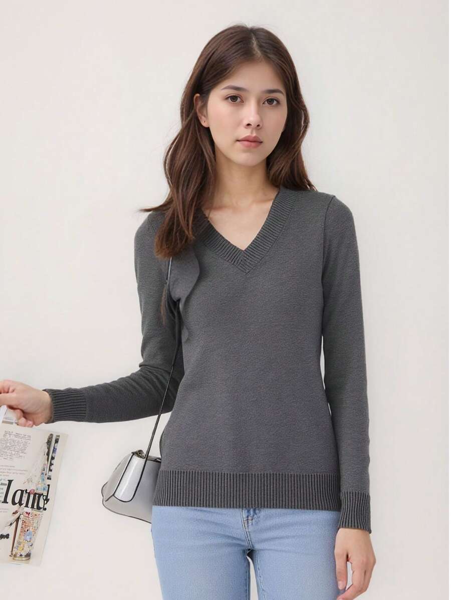 Cold Weather Knitted Sweater Top V Neck Plain Basic Long Sleeve Winter Women Simple Knitwear Knitted Daily Autumn Long Sleeve - 深灰色 - 查看 1