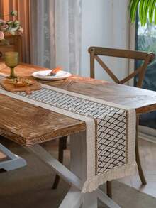 Tokoto 1PC Bohemian Style Linen Woven Table Runner, Farmhouse Country Woven With Tassels Table Runner, Suitable For Dining, Wedding, Bridal Shower - Multicolor - View 1