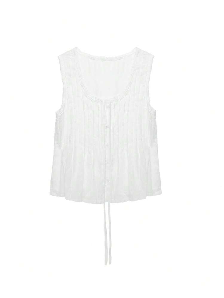 法式软系带无袖白色上衣 - 白色 - 查看 10
