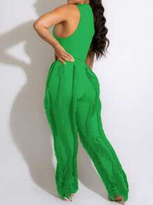Women 2 Piece Outfits Fringe Tassel Long Pants Set Adjustable Suspenders Bodysuit Strap Clubwear Jumpsuits Solid Color Wave Pattern, V-Neck Suitable For All Seasons, Elegant Backless  Semi Transparent Camisole Straight Leg Pants For Spring And Summer - Màu xanh Bạc hà - Xem 2