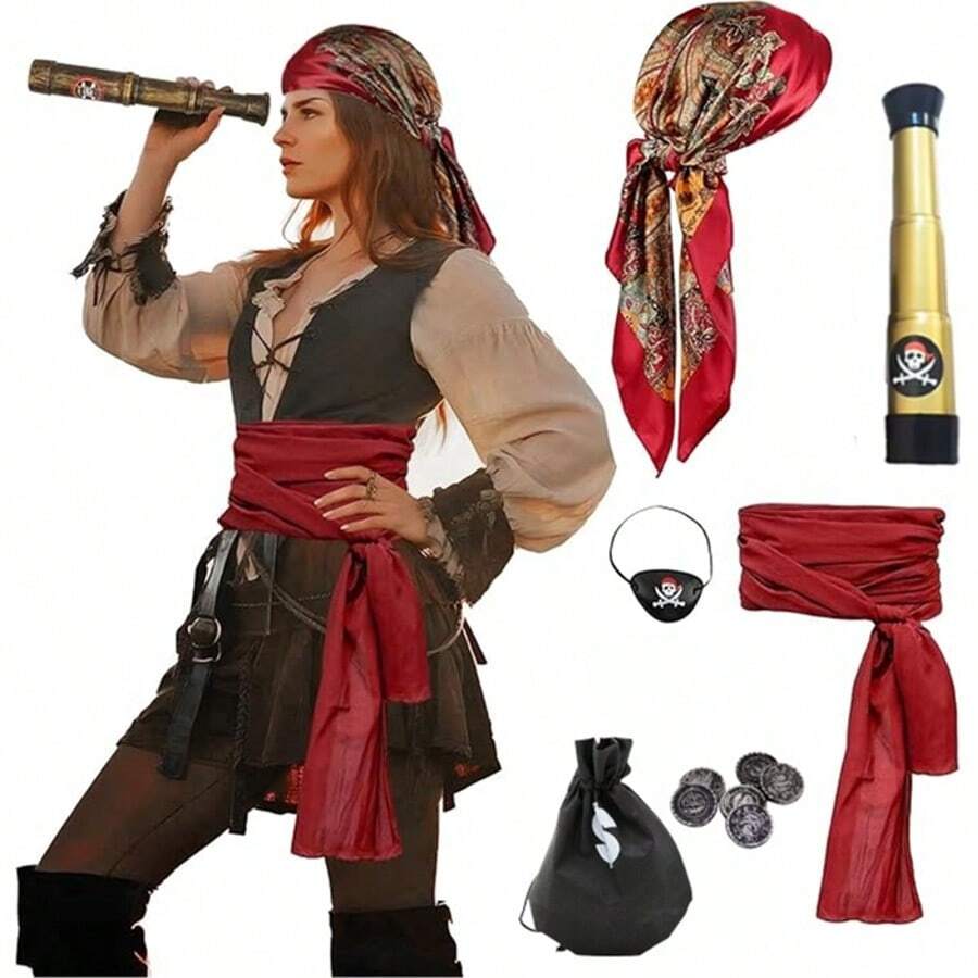 Disfraz De Pirata Accesorios - Pañuelo, Faja, Parche Y Collar, Para Halloween, Fiestas Y Cosplay