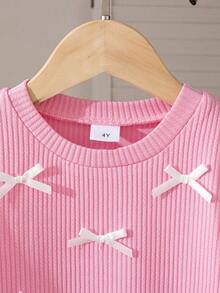 Girls Casual Plaid Pattern Bow Decor Round Neck Long Sleeve Knee-Length Dress, Suitable For Spring And Autumn - Pink - View 3