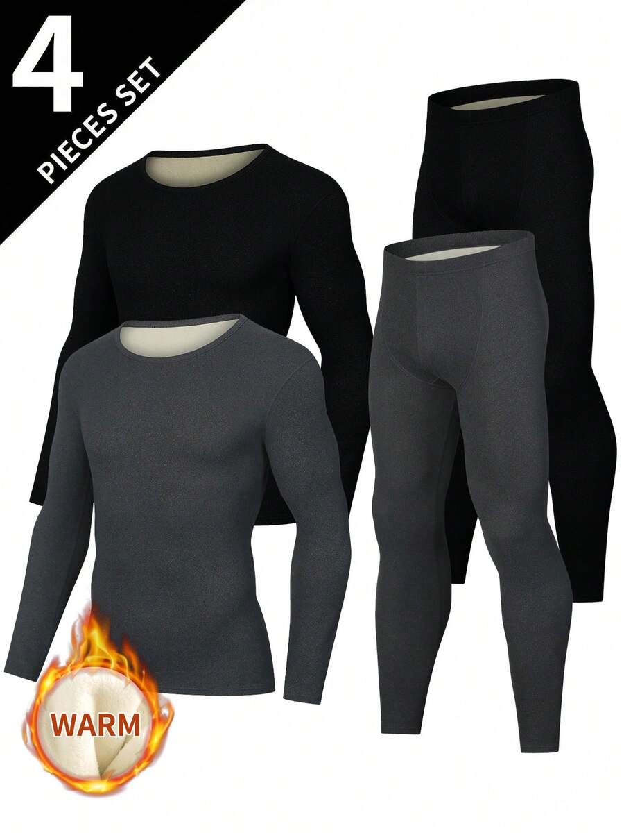 4pcs Men's Fashionable Thermal Underwear Set, Autumn/Winter Long Johns, Adult & Teenager Round Neck Underwear Set
