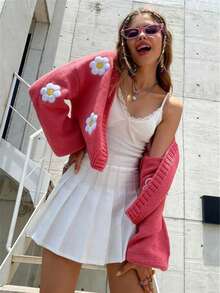 女士粉色针织长袖毛衣，带有可爱的雏菊花细节，常规版型，适合日常休闲穿着 - 西瓜粉 - 查看 4