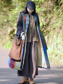 LUZU JUNU Women's Trench Coat Floral Print Long Cotton Linen Jacke Cottagecore Clothing Patchwork Outwear Bohemian Unique - 藍色毛絨襯裡 - 查看 6