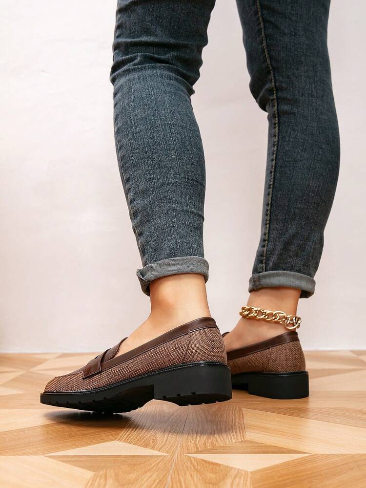 女士复古拼色圆头平底乐福鞋，春秋季户外休闲鞋 - 彩色 - 查看 5