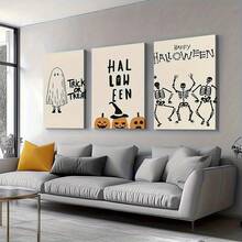 Set de 3 piezas de arte de pared en lienzo de Halloween - Impresiones vibrantes de calavera y calabaza, perfectas para la decoración de la sala de estar, el dormitorio, el pasillo, las decoraciones de Halloween, perfectas para la decoración de otoño de la habitación, pósteres de arte de pared sin marco vintage