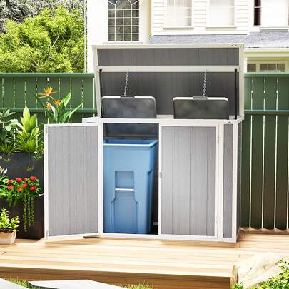  Outsunny 4.7 X 2.5FT Garden Shed, Double Bin Storage Shed With Lockable Doors, Outdoor Small Shed With Openable Lid For 2 Trash Cans, Garden Tools, Grey