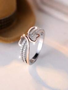 Double Heart Design Rose Golden &Silvery Copper Ring, Luxury Wedding Party Holiday Daily Wear, Reliable Accessories Valentines - Vàng hồng - Xem 2