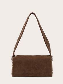 1 Túi vuông dung tích lớn dành cho nữ, vải da lộn, trang trí đinh tán, dây đeo bản rộng, thiết kế độc đáo, túi đeo vai/nách khi đi làm - màu nâu - Xem 2