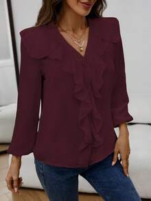 Lässige Bluse mit V-Ausschnitt, Langarm und gerüschtem Saum