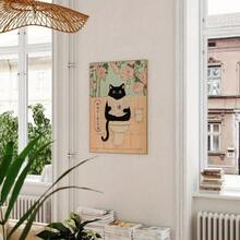 1 pièce Affiche murale d'art avec chat noir japonais drôle sur les toilettes - Impression moderne de salle de bain avec roses roses et verdure, décoration sur canevas sans cadre pour le salon, la chambre à coucher, la salle de bain - Cadeau unique pour les amateurs de chats, pendaison de crémaillère, décoration de salle de bain, accent artistique pour la maison
