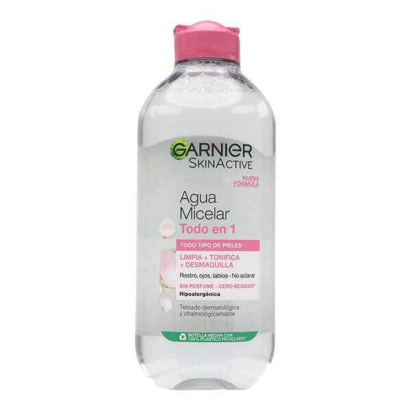 Garnier Skin Active agua micelar desmaquilla limpia y tonifica rostro labios y ojos sin perfume frasco 400 ml para todo tipo de piel  ✅ Entrega de 1-3 días