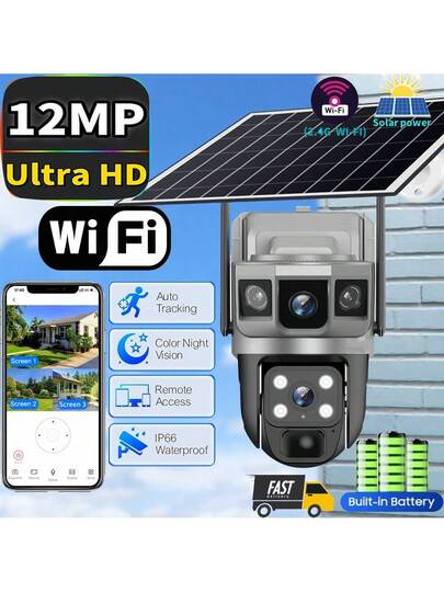 SWVW V380 Pro 12MP WiFi 10X Zoom Solar Camera 6K Dual Lens Three Screen Outdoor IP Security PIR Human Detection CCTV PTZ Cam V380PRO,2.4GWIFIOutdoor Indoor Home Cameras, Wireless WIFI Ring ,None Surveillance Pet