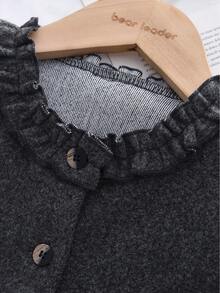 2pcs Girls Winter Outfit, Gray Tweed Long Sleeve Single-Breasted Pocket Jacket And Pleated Skirt Set - Grey - View 3