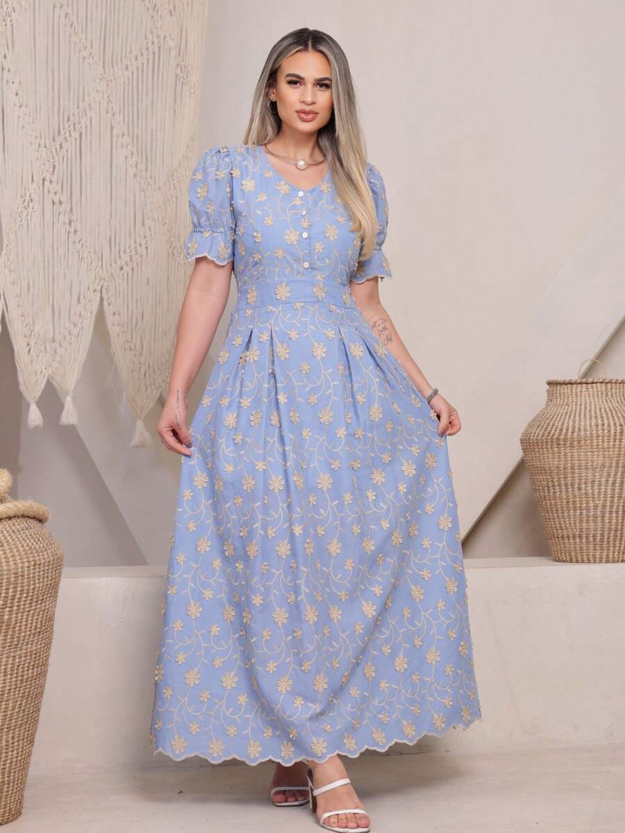 Elegant Women's Dress Simple Embroidery Button Women's All - 3D Bicolor Blue - View 1
