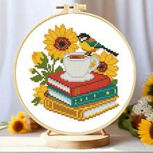 11CT Cross Stitch Kit - Sunflower Bird & Books, Beginner DIY Embroidery Set With Printed Patterns (Autumn House, Cycling Cat), Includes Embroidery Frame, Threads, Instructions, Home Decor, Therapeutic Gift