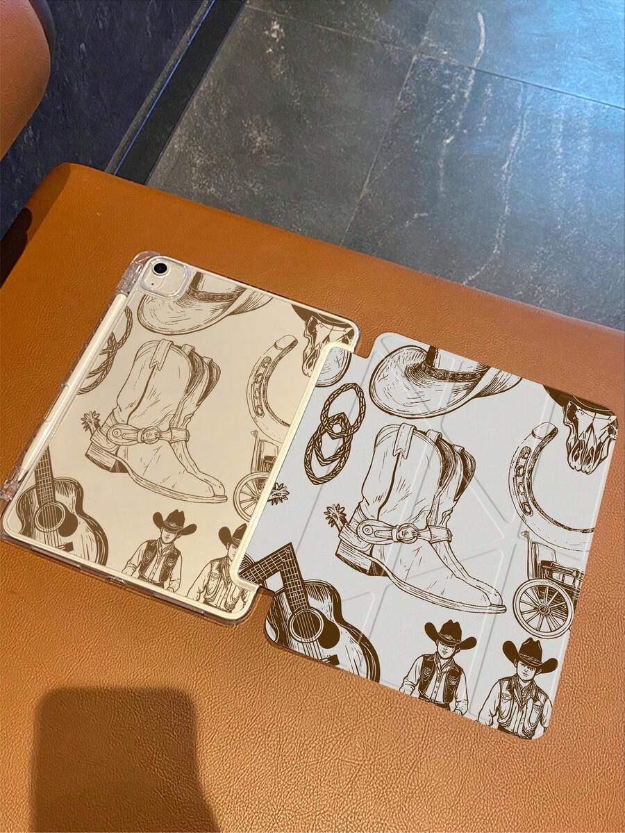 Este estuche para tableta presenta una carcasa dura transparente combinada con una tapa frontal magnética y plegable. Es delgado, ligero y portátil, equilibrando la estética con la practicidad. El diseño se inspira en el estilo vaquero occidental, con elementos dibujados a mano como botas de vaquero, sombreros de vaquero, guitarras y figuras de vaquero, emanando un fuerte ambiente retro y encarnando un espíritu de libertad, tranquilidad y aventura.