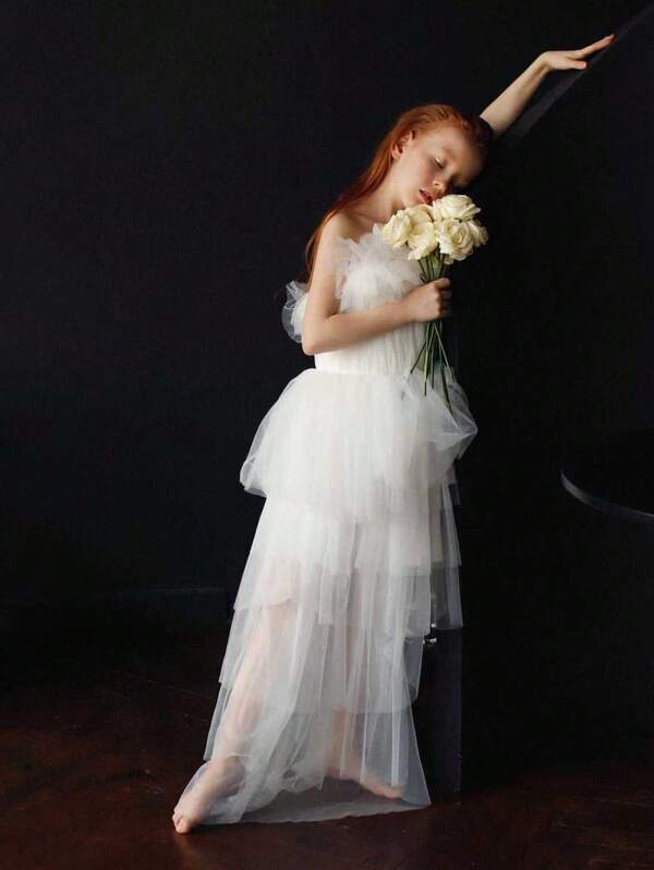 少女分层薄纱飘逸开衩连衣裙，优雅花童礼服，公主裙适合生日礼物、派对、宴会、学校表演、节日