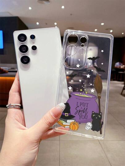 1 Stück Halloween Handyhülle mit schwarzer Katze, Fledermaus, Stern, Kürbis, Buch, Buchstabe, Zaubertrank Grafik, stoßfest aus transparentem TPU, geeignet als Urlaubsgeschenk für Partner und Freunde, kompatibel mit Samsung, Nothing, Pixel, INFINIX, Redmi Serie