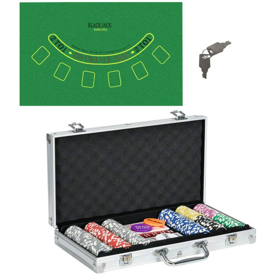 Juego de póker SPORT NOW con estuche, 300 fichas de 11,5 g, juego completo con candado, 2 barajas, 5 dados y botones plateados para el crupier.