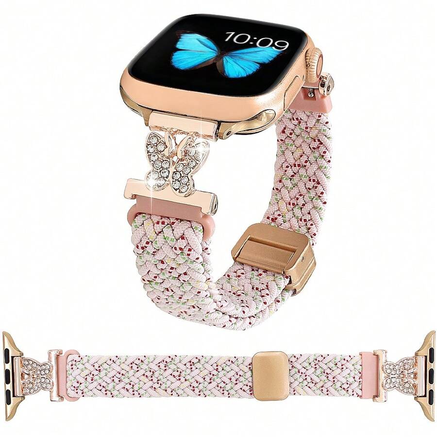 Correa de reloj elástica trenzada compatible con Apple Watch Ultra 49mm, 45mm, 44mm, 46mm, 42mm, 41mm, 40mm, 38mm para hombres y mujeres, correa de nailon suave trenzada, banda de repuesto para Apple Watch Ultra 2, Series 10/9/8/7/6/5/4/3/2/1 SE, gran regalo de vuelta a la escuela - Rosa - Ver 1