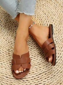 Sandalias planas cómodas y elegantes para mujer para ropa casual de verano, sandalias planas marrones - Marrón - Ver 7