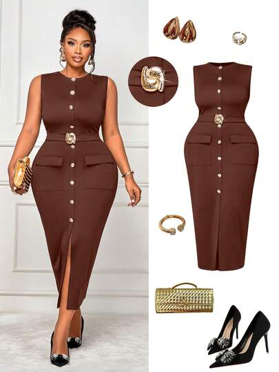 BIUBIU Women's Plus Size Fashionable Sleeveless Solid Color Pocket Metal Buckle Slit Dress, Suitable For Glamorous Dates, Cocktail Parties, Casual Outings, Commuting Business, Back To School Season Fashion Matching Elegant Summer