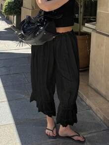 女士舒适百搭秋冬蕾丝拼布灯笼七分裤 - 黑色 - 查看 6